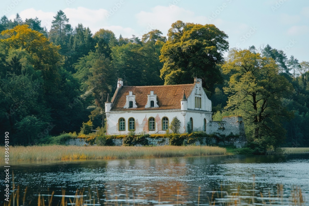 Fototapeta premium White House on Lake with Forest