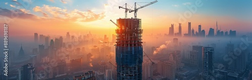 Construction of a Skyscraper in Dubai at Sunset