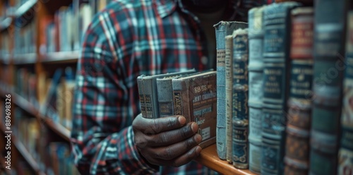 Person Holding a Book in a Library Aisle