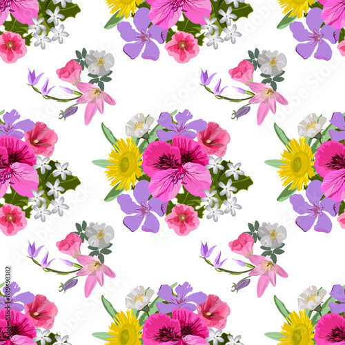 Vector seamless floral summer pattern on dark purple pastel background bouquets of flowers