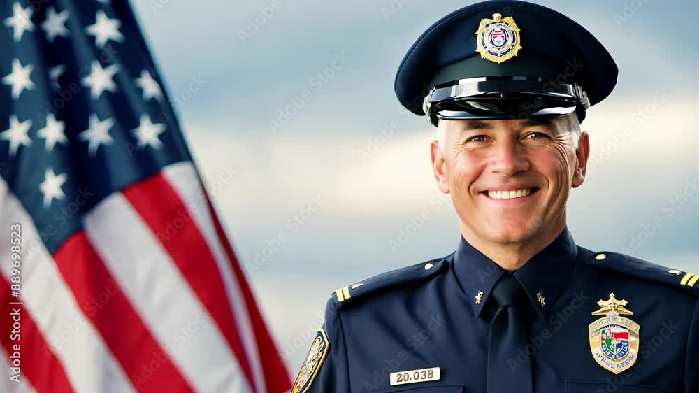 Smiling Hispanic male police officer standing next to American flag outdoors