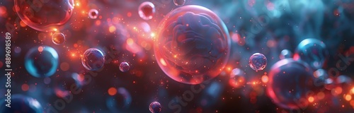 Abstract Red And Blue Bubbles With Glowing Specks In A Dark Space