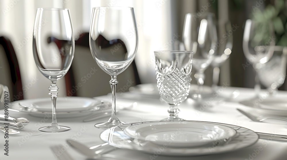 Elegant dining setup with fine china, crystal glasses, and silverware on a clean white tablecloth. 32k, full ultra HD, high resolution Elegant dining setup with fine china, crystal glasses, and silverware on a clean white tablecloth. 32k, full ultra HD, high resolution