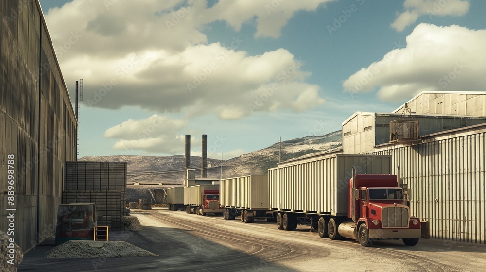modern logistics center, light Industrial building and warehouse with trucks modern logistics center, light Industrial building and warehouse with trucks