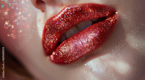 Close Up of Red Lips With Glitter in Front of Bokeh