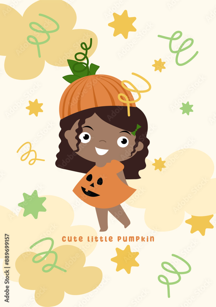 Naklejka premium Happy Halloween cards with girl in carnival pumpkin costume for halloween party. Vector illustration with Halloween kids