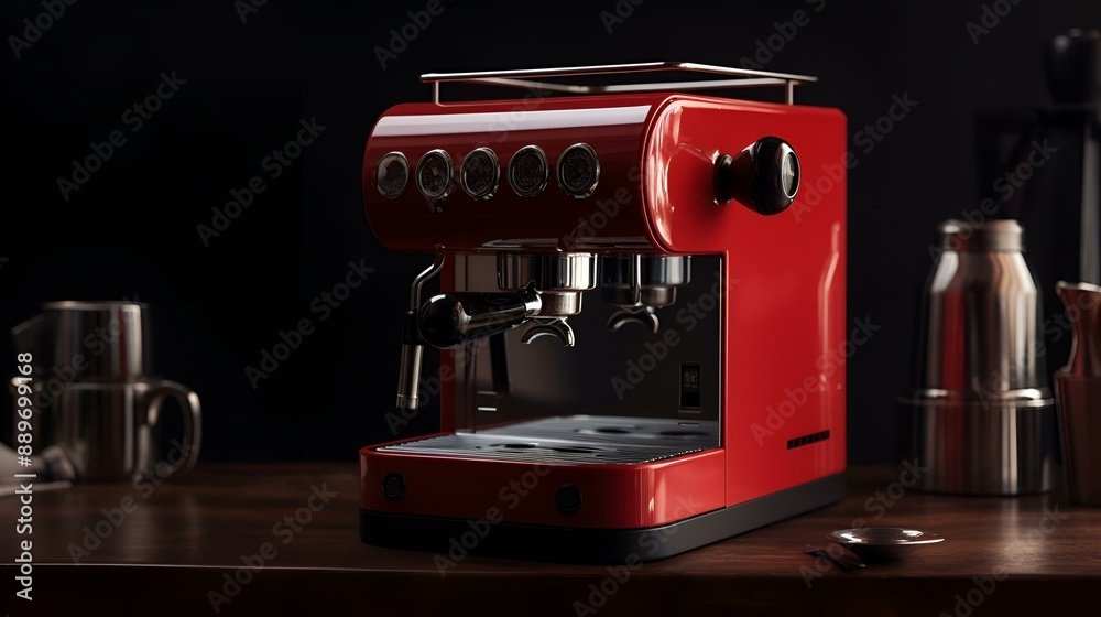 a red coffee machine sitting on top of a wooden table. a red coffee machine sitting on top of a wooden table.
