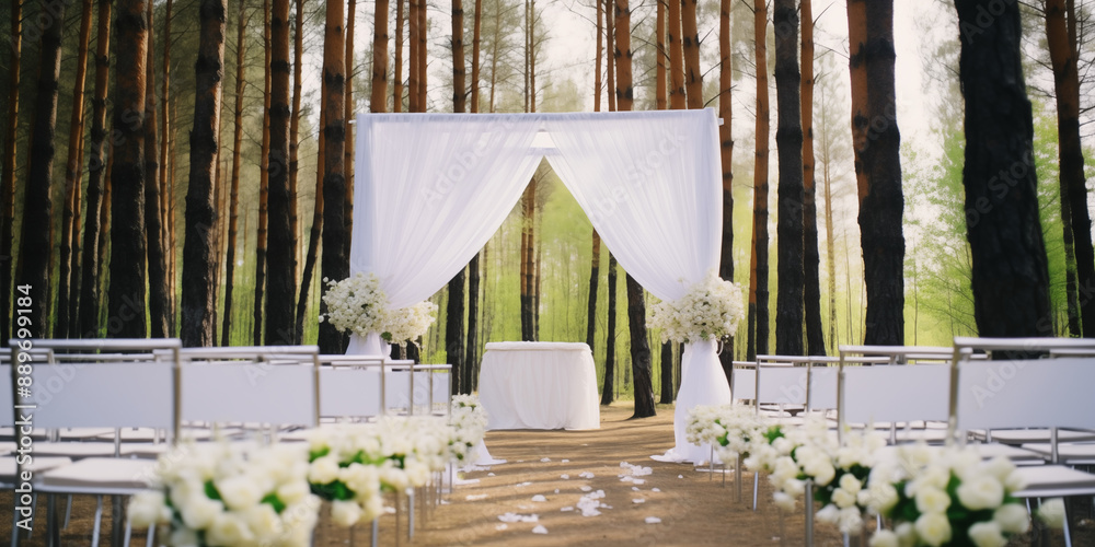 Fototapeta premium Piękny ogród przygotowany na wesele w plenerze - ślub w ogrodzie pod pergolą z białymi zasłonami, nakryte stołki, biały dywan, płatki kwiatów wśród natury w lesie