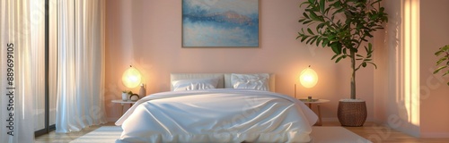 A White Bed With Pillows In A Room With Pink Walls And Natural Light