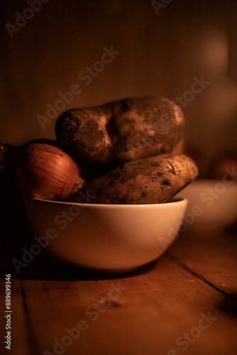 papas y cebolla en un tazón de cerámica 