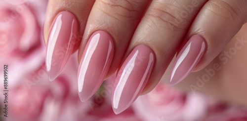 Close-Up of a Hand With Pink and Glitter Nail Polish Against a Blue Bokeh Bac...