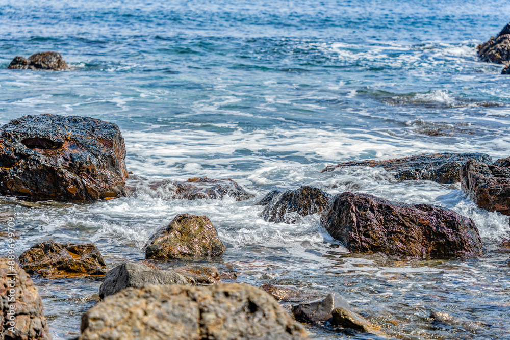 Dramatic rock formations on the coast of Pacific Ocean in Nachikatsuura, Wakayama, Japan, part of the Yoshino-Kumano National Park and Nanki Kumano geopark.