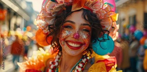 Smiling Woman In Colorful Costume At A Street Festival