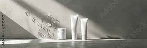 A Group of White Skincare Products Displayed on a White Surface With a Plant ...