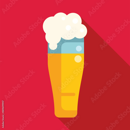 Tall glass of beer with a foamy head is overflowing on a red background