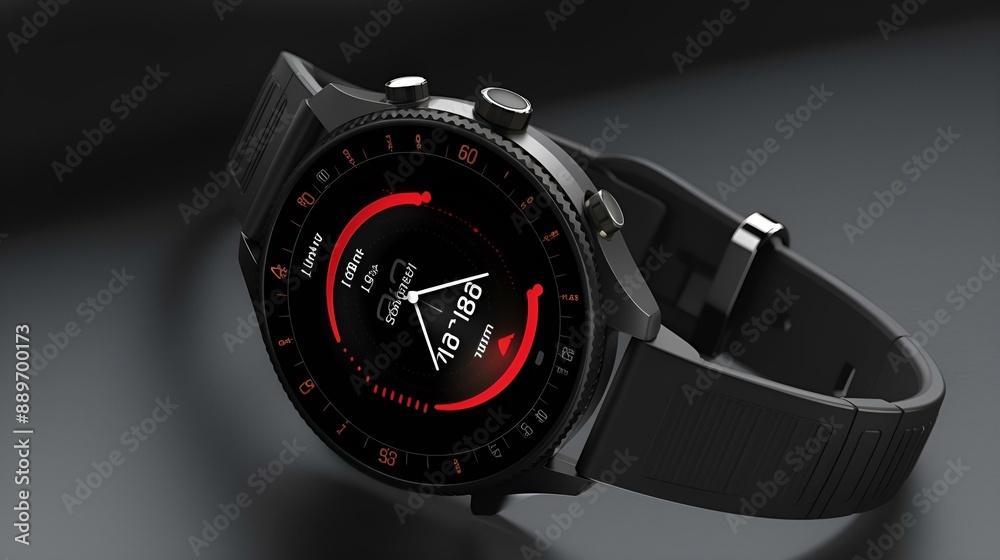 Stylish smart watch in red and black, featuring a sleek digital face. Stylish smart watch in red and black, featuring a sleek digital face.
