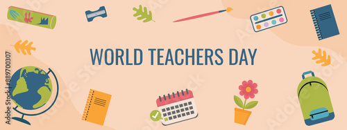 World Teachers Day. Vector illustration with stationery, globe, backpack on a beige background.
