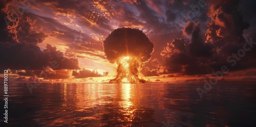 Atomic Bomb Explosion Over Ocean at Sunset