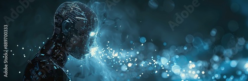 Digital Human Exhaling Blue Particles in Dark Background