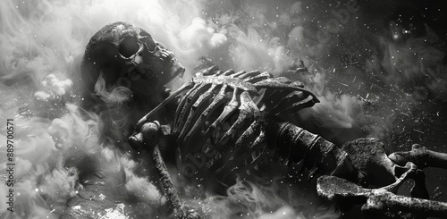 Black And White Image of A Skeleton Lying In Smoke