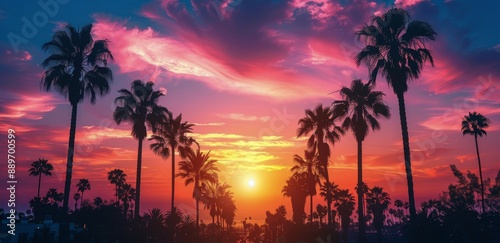Silhouette Of Palm Trees During Sunset With Pink And Orange Clouds