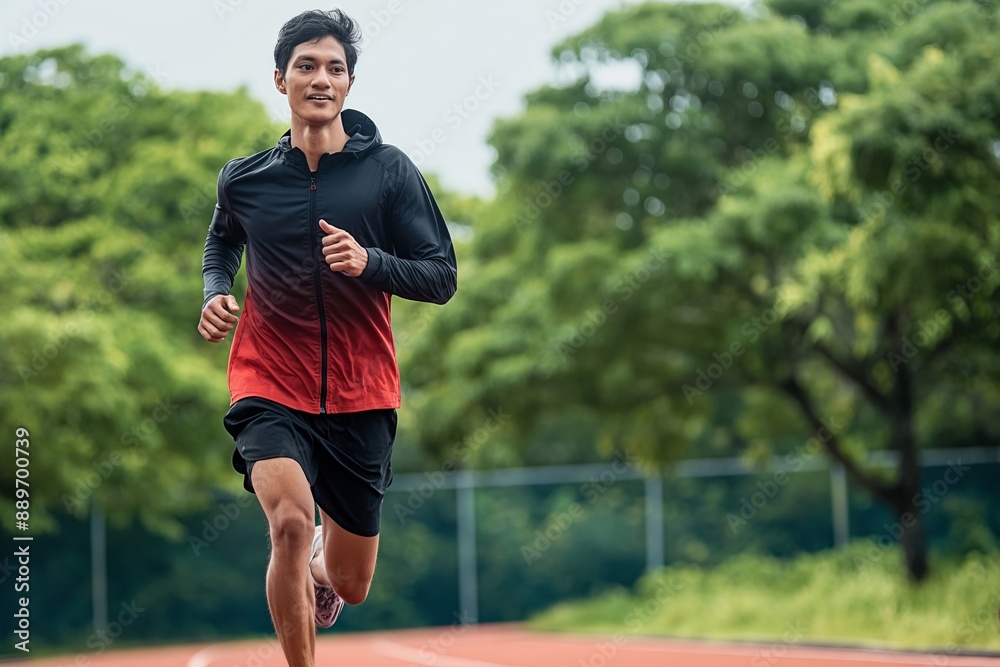 A man is running on a track with a black and red jacket. The jacket has a red stripe on the sleeve A man is running on a track with a black and red jacket. The jacket has a red stripe on the sleeve