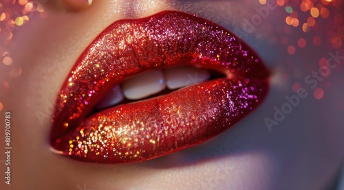 Close Up of Red Lips With Glitter in Front of Bokeh