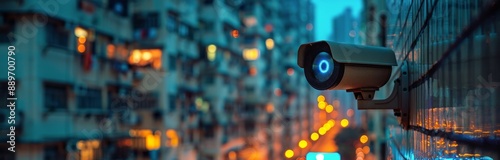 A Security Camera Mounted On A Wooden Pole In Front Of Apartment Buildings At...