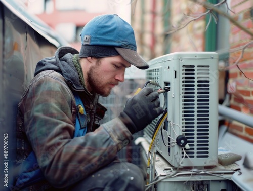 Man servicing outdoor air conditioner photo