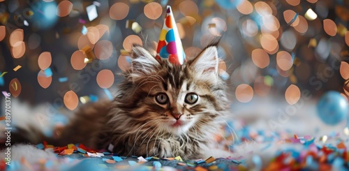 Kitten Wearing Party Hat Surrounded by Confetti