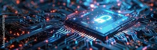 Digital Security Chip With Secure Lock Icon on Circuit Board