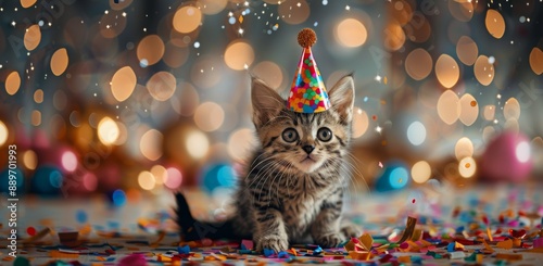 A Tabby Kitten Wearing a Party Hat Amidst Confetti