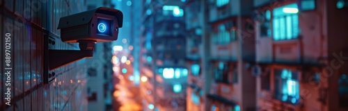 A Security Camera Mounted On A Wooden Pole In Front Of Apartment Buildings At...