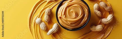 Close Up of Peanut Butter and Peanuts on Yellow Background
