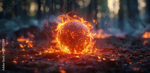 Fiery Orb Burning Brightly on a Forest Floor