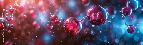 Abstract Red And Blue Bubbles With Glowing Specks In A Dark Space