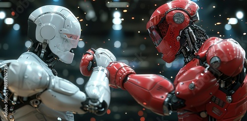 White And Red Robots Sparring In A Factory