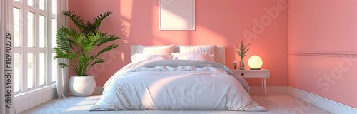 Pink Bedroom Interior Design With White Bed and Palm Plant