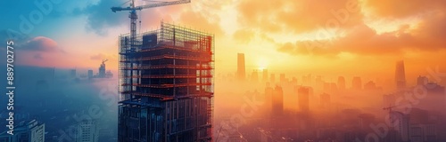 Construction of a Skyscraper in Dubai at Sunset