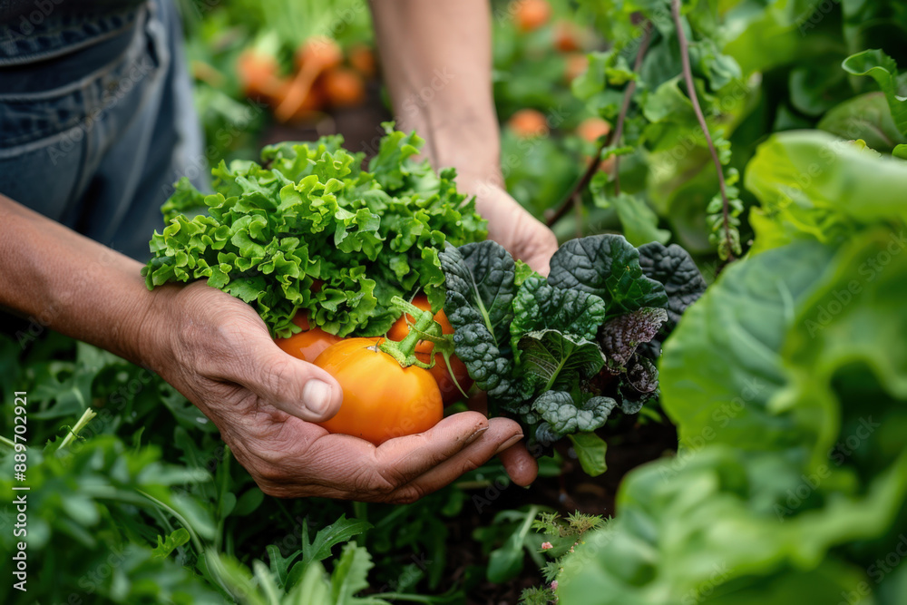 Farmer is holding a variety of freshly harvested vegetables, including tomatoes, lettuce, and swiss chard, grown in their garden Farmer is holding a variety of freshly harvested vegetables, including tomatoes, lettuce, and swiss chard, grown in their garden