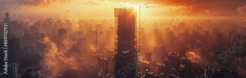 Construction of a Skyscraper in Dubai at Sunset