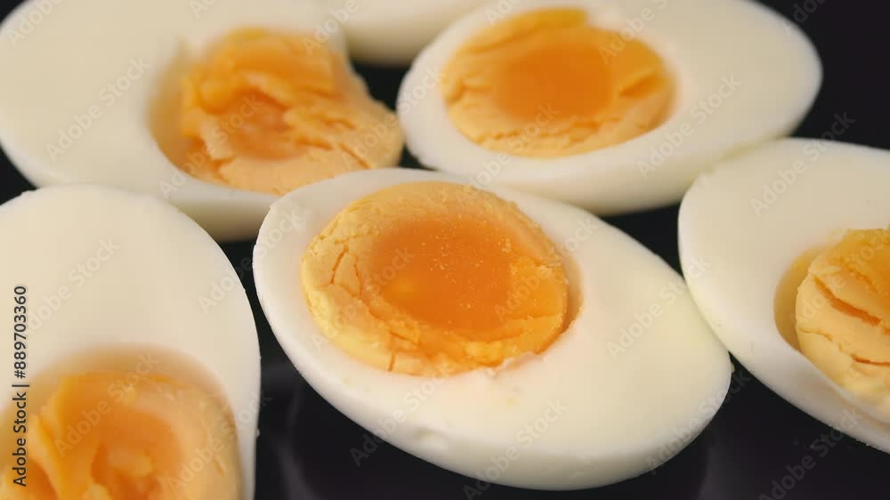Hard-boiled eggs rotating on black background. Close up on many hard boiled eggs split in half, front view. Hard-boiled eggs rotating on black background. Close up on many hard boiled eggs split in half, front view.