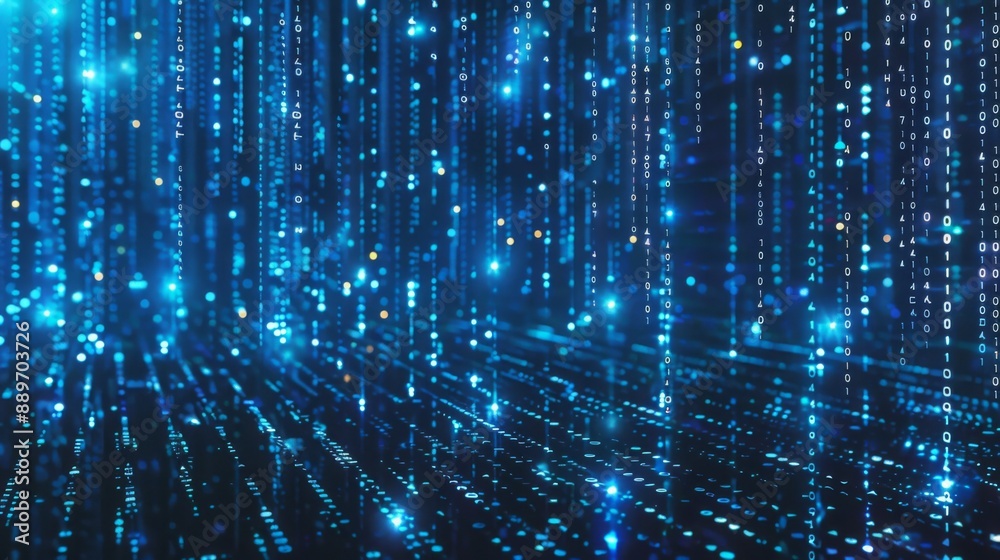 A dark blue background with digital binary code falling like rain, creating an abstract pattern of light and dark. A dark blue background with digital binary code falling like rain, creating an abstract pattern of light and dark.