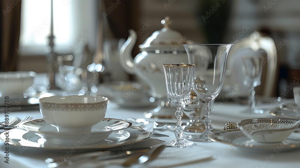 Elegant dining setup with fine china, crystal glasses, and silverware on a clean white tablecloth. 32k, full ultra HD, high resolution Elegant dining setup with fine china, crystal glasses, and silverware on a clean white tablecloth. 32k, full ultra HD, high resolution