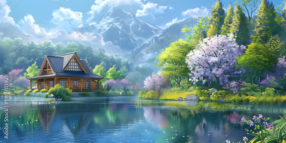 Fototapeta premium Mountain lake house surrounded by the vibrant colors of spring blossoms in full bloom. Landscape cartoon illustration.