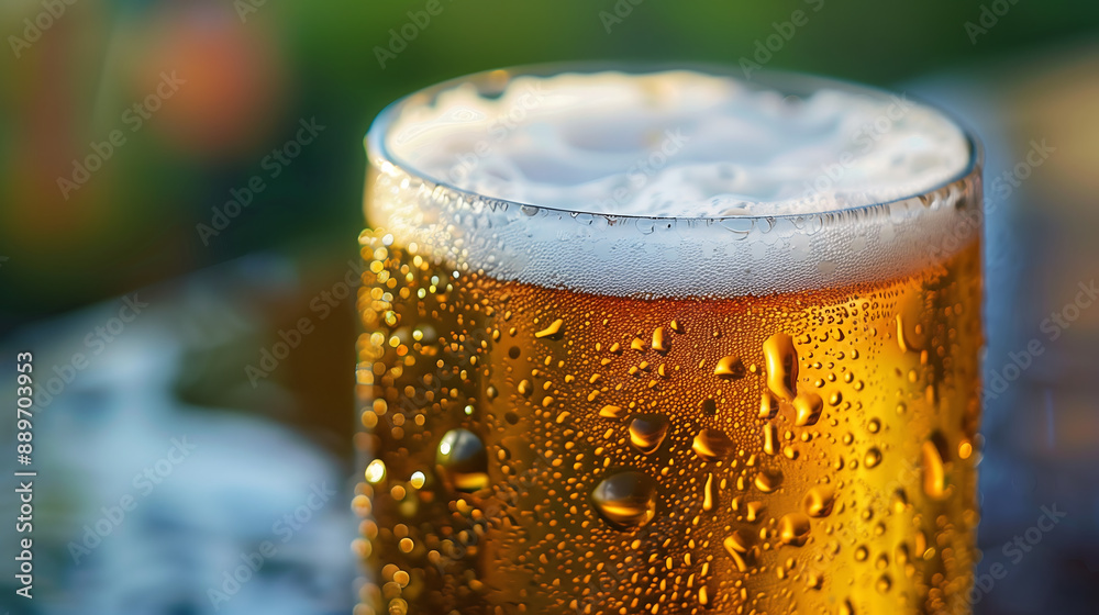 Close up of fresh beer with condensation on the glass, the focus is in front of the cup, the background is blurred, it is an outdoor scene concept for a summer party Close up of fresh beer with condensation on the glass, the focus is in front of the cup, the background is blurred, it is an outdoor scene concept for a summer party