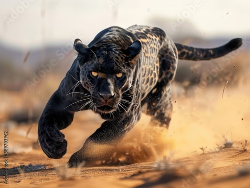 A leopard runs across a dirt field, showcasing its agility and speed