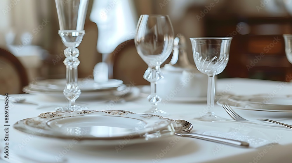Elegant dining setup with fine china, crystal glasses, and silverware on a clean white tablecloth. 32k, full ultra HD, high resolution Elegant dining setup with fine china, crystal glasses, and silverware on a clean white tablecloth. 32k, full ultra HD, high resolution