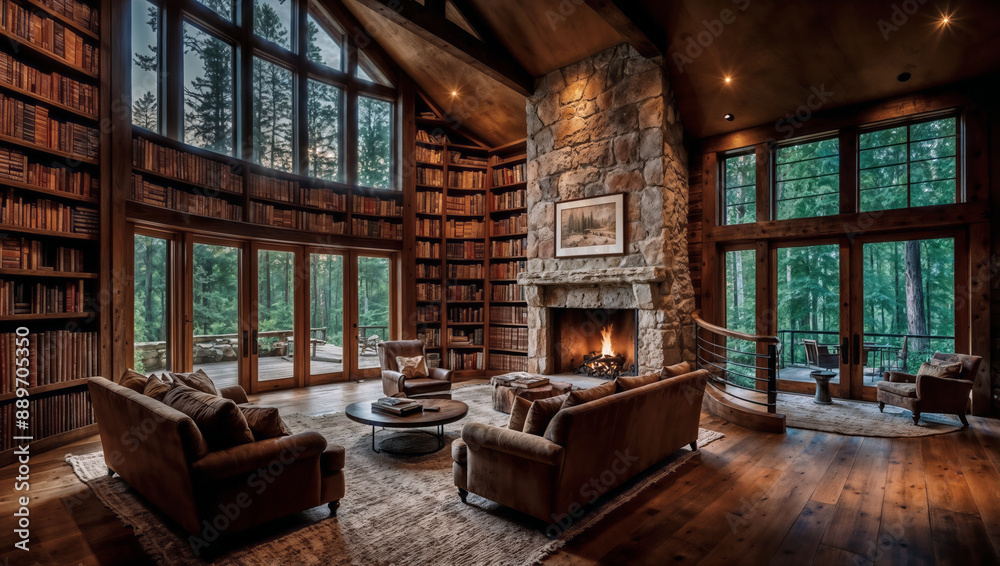 Naklejka premium Luxury rustic retreat cabin lodge, large living room area with rug, sofas, bookshelves and stone fireplace, room with cozy warm atmosphere, brown colours, weekend cabin in the forest