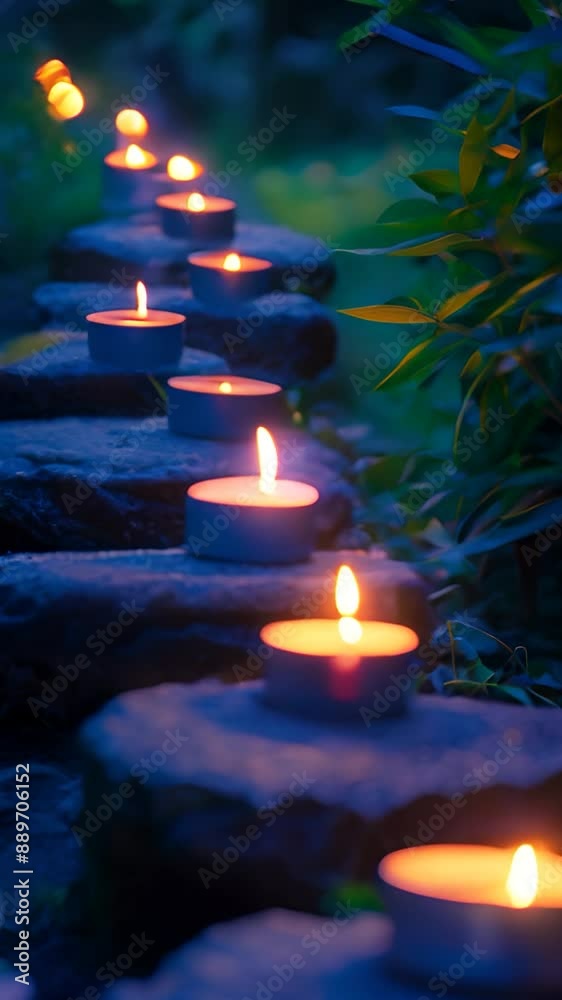 Tranquil illuminated path with candles in garden, slow motion video background or relaxing visual content Tranquil illuminated path with candles in garden, slow motion video background or relaxing visual content